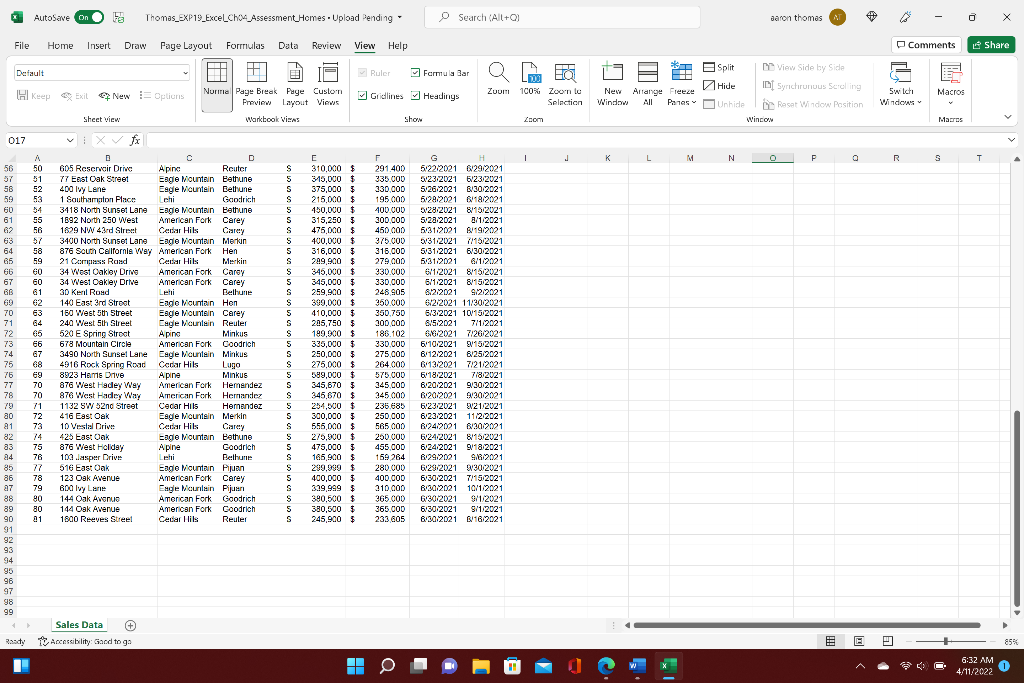 AutoSave On Thomas_EXP13_Excel_Cho4_Assessment_Homes. | Chegg.com