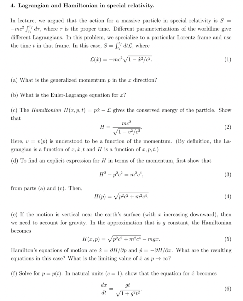 Solved 4. Lagrangian and Hamiltonian in special relativity. | Chegg.com