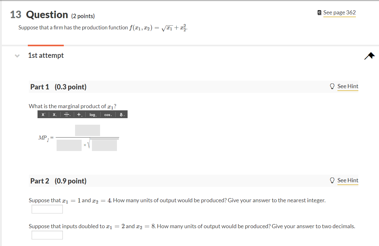 Solved 13 Question (2 points) e See page 362 Suppose that a | Chegg.com