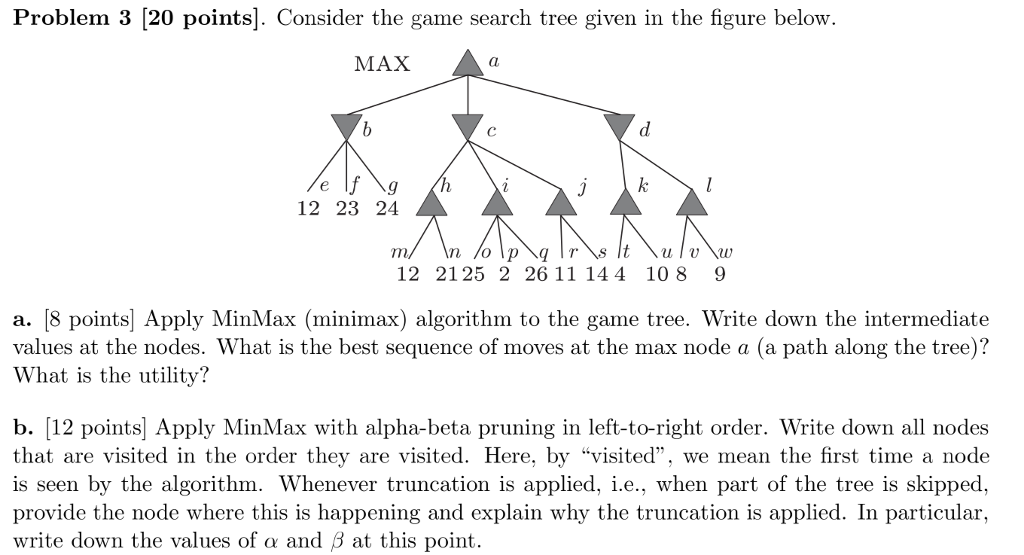 Solved Problem 3 [20 points]. Consider the game search tree | Chegg.com