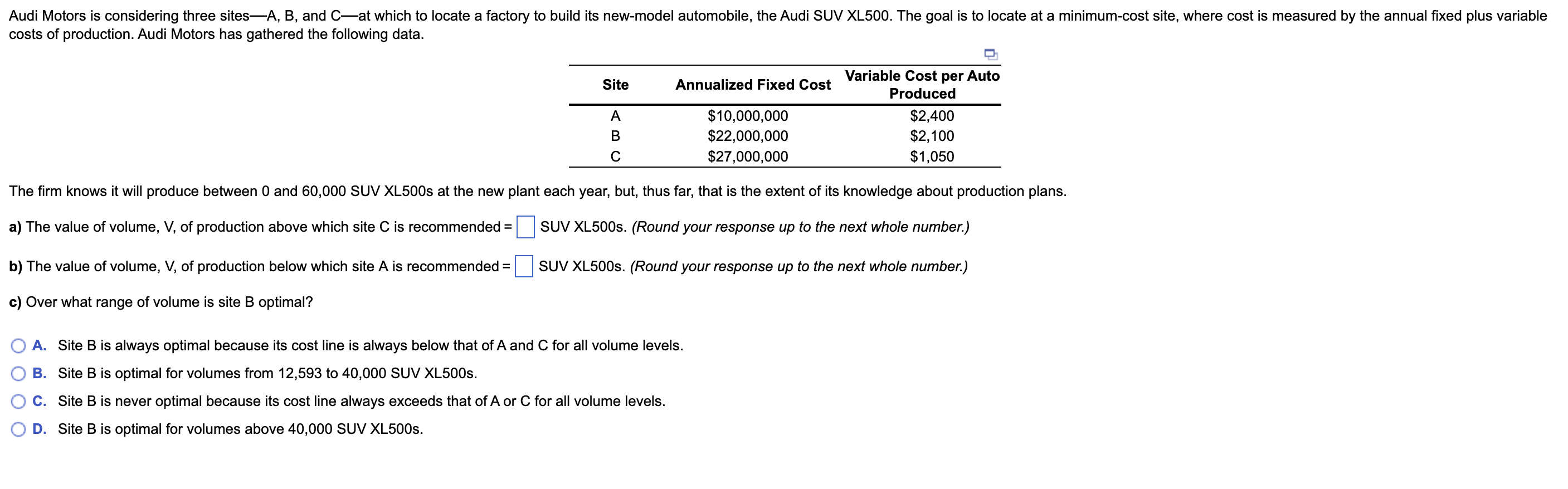 Solved Audi Motors Is Considering Three Sites—A, B, And C-at | Chegg.com