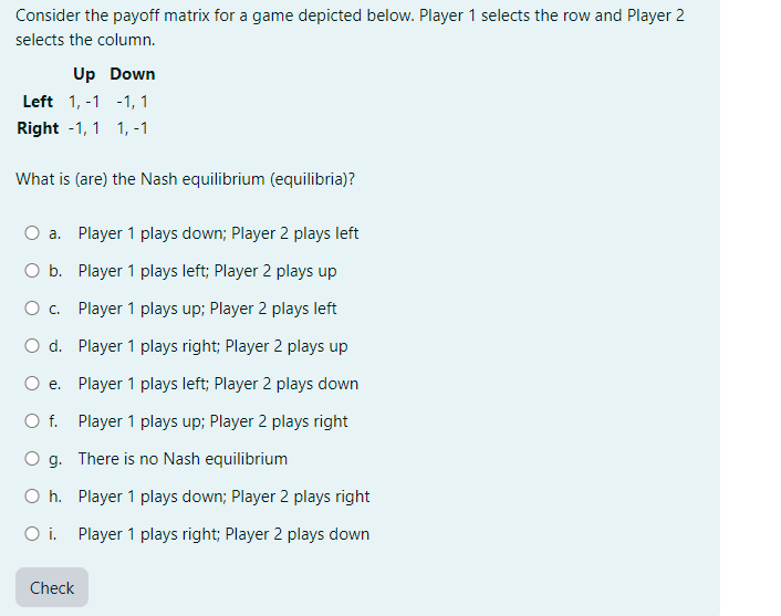 Solved Consider the payoff matrix for a game depicted below. | Chegg.com