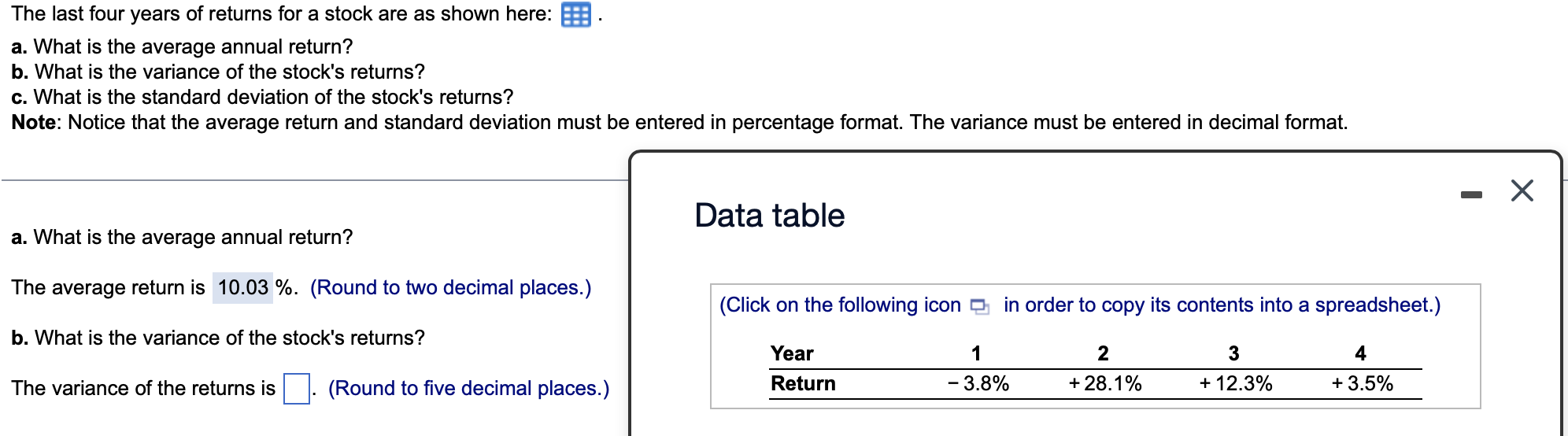 Solved The last four years of returns for a stock are as | Chegg.com