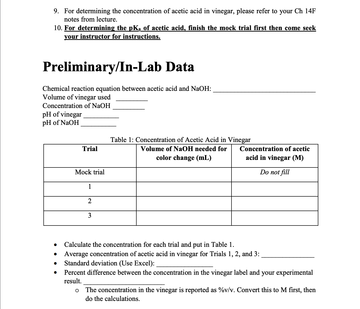 Solved For determining the concentration of acetic acid in