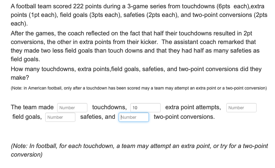 Solved A football team scored 222 ﻿points during a 3-game | Chegg.com