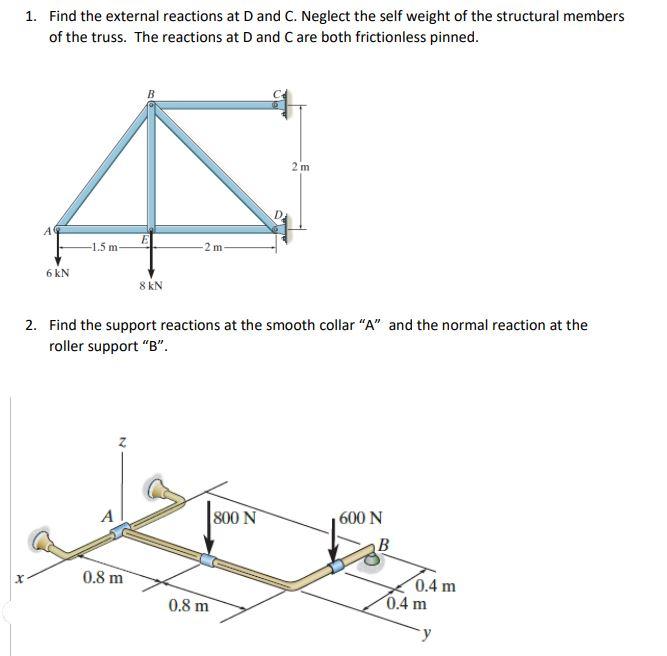 Solved 1. Find the external reactions at D and C. Neglect | Chegg.com