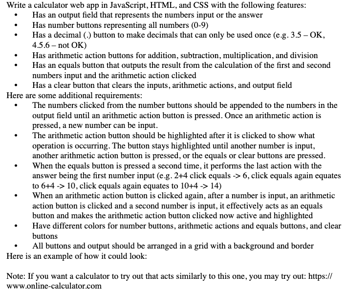 Write a calculator web app in JavaScript, HTML, and | Chegg.com