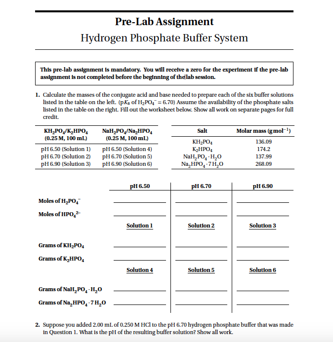 Pre-Lab Assignment Hydrogen Phosphate Buffer System | Chegg.com