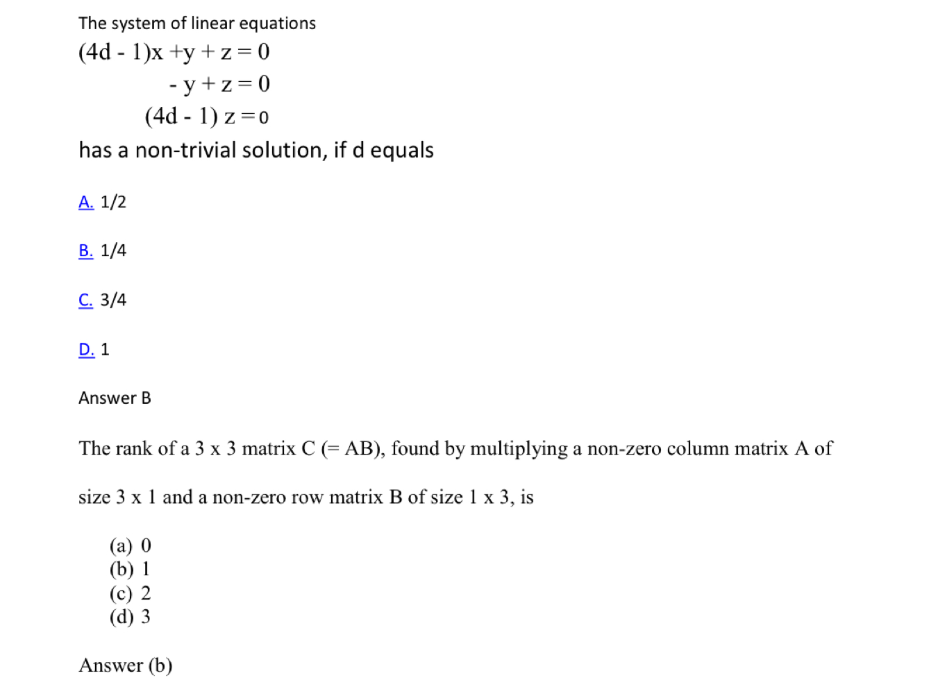 Solved The System Of Linear Equations 4d 1 X Y Z 0 Chegg Com