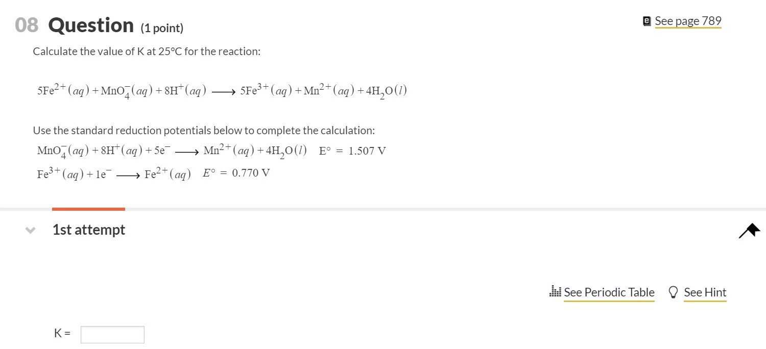 Solved 08 Question (1 point) e See page 789 Calculate the | Chegg.com