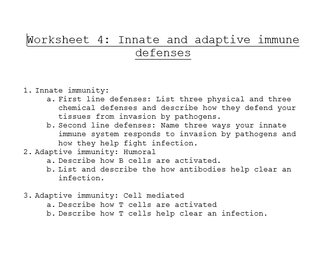 Solved Worksheet 4: Innate and adaptive immune defenses 1. | Chegg.com