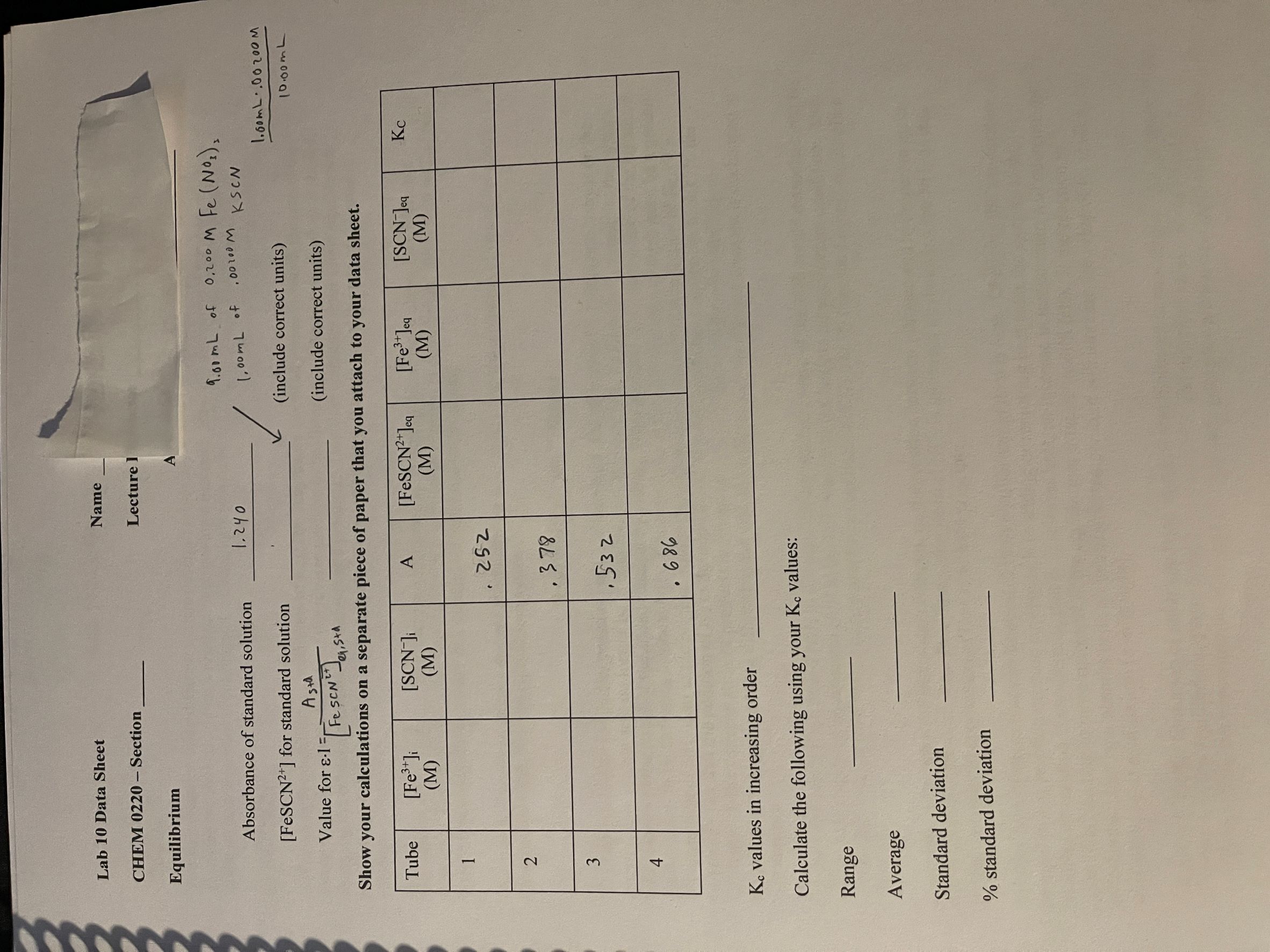 Lab 10 Data Sheet Name CHEM 0220 - Section Lecture 1 | Chegg.com