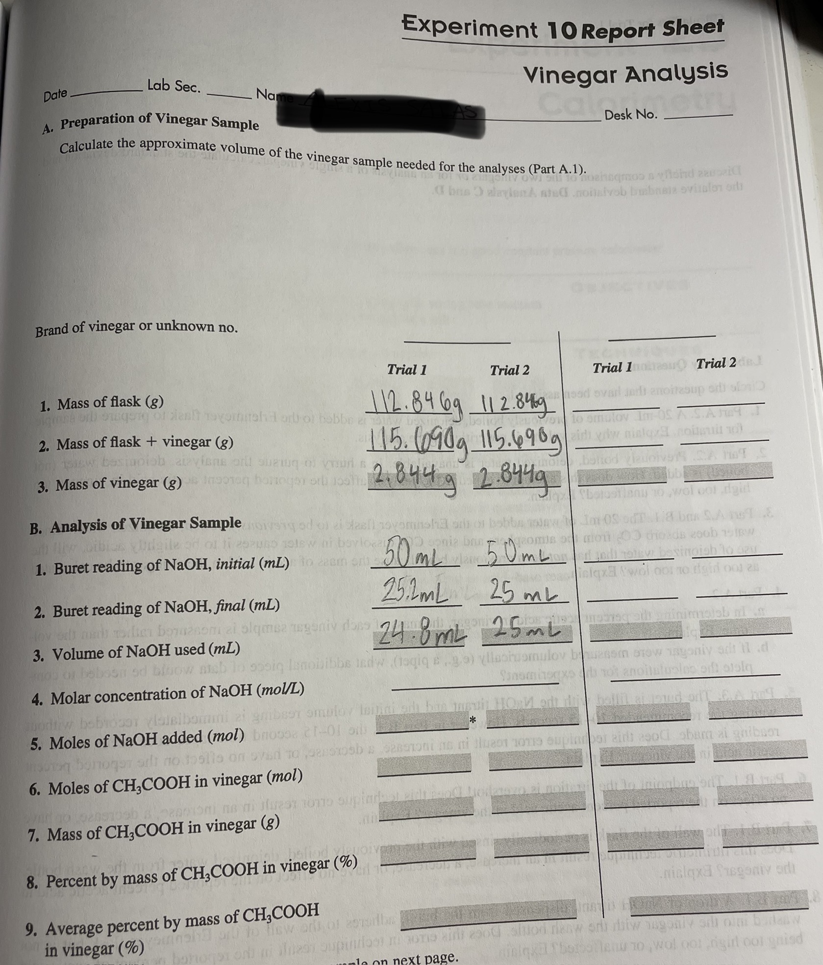 A. Preparation of Vinegar Sample Calculate the