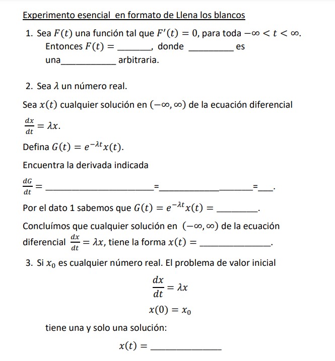 Experimento esencial en formato de Llena los blancos 1. Sea \( F(t) \) una función tal que \( F^{\prime}(t)=0 \), para toda \