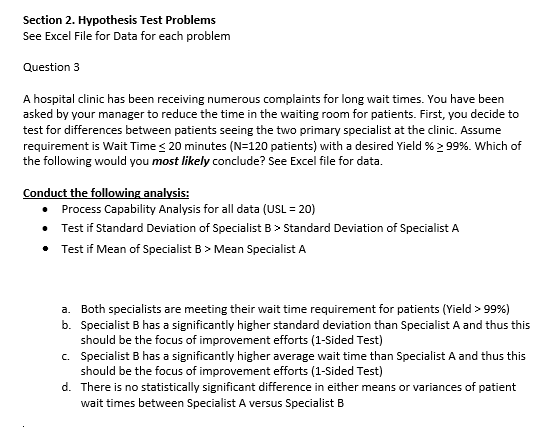 Section 2. Hypothesis Test Problems See Excel File | Chegg.com