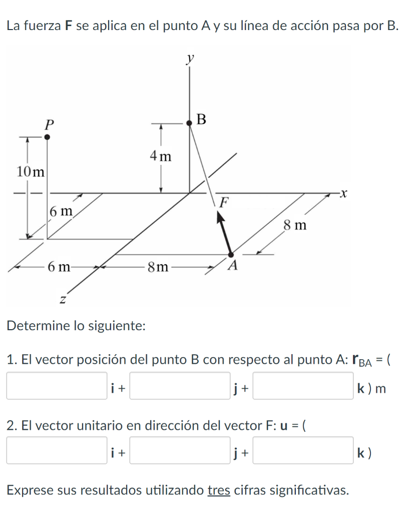 La fuerza \( \mathbf{F} \) se aplica en el punto A y su línea de acción pasa por B. Determine lo siguiente: 1. El vector posi