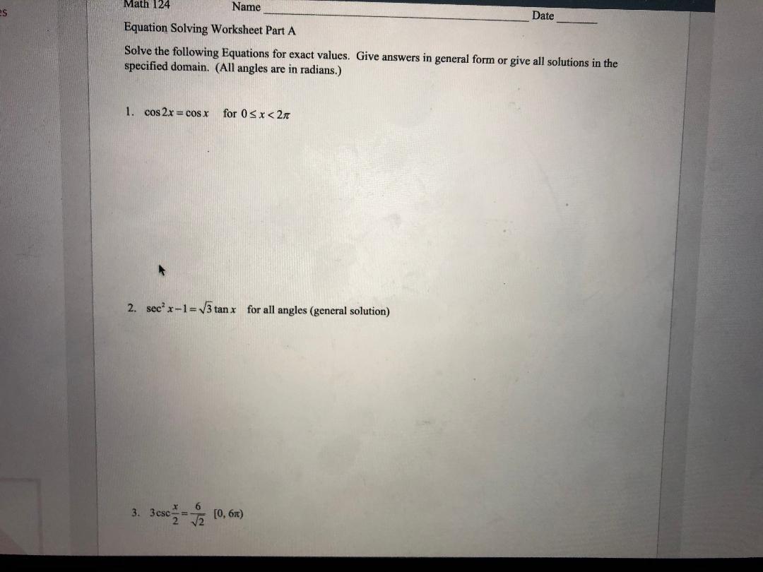 Solved es Math 124 Name Date Equation Solving Worksheet Part | Chegg.com