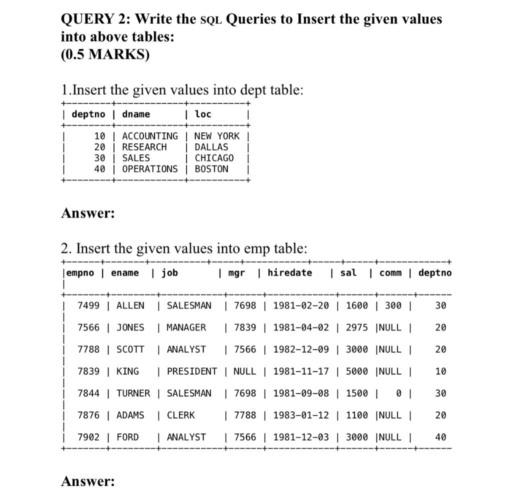 Solved QUERY 2: Write the SQL Queries to Insert the given | Chegg.com