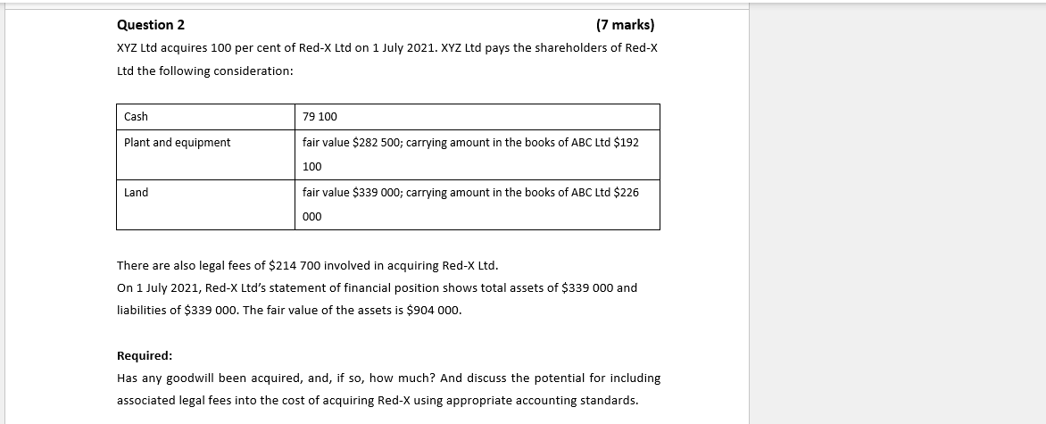 Solved Question 2 (7 Marks) XYZ Ltd Acquires 100 Per Cent Of | Chegg.com