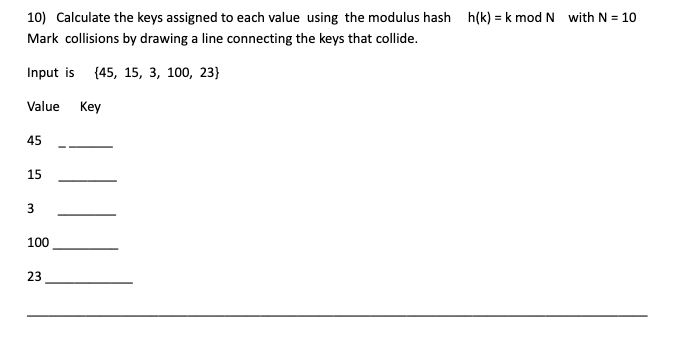 Solved 10) Calculate the keys assigned to each value using | Chegg.com
