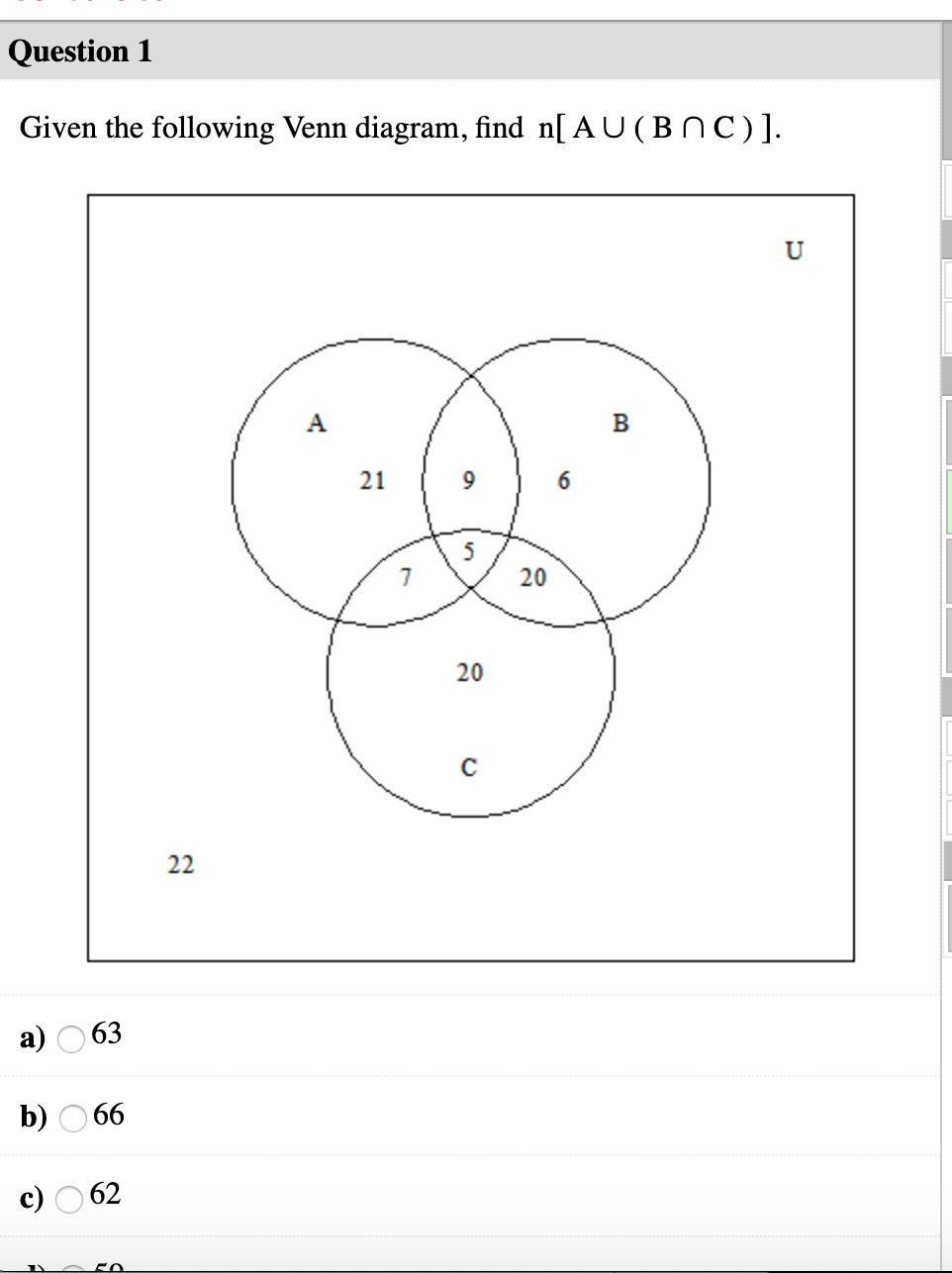 Solved Given the following Venn diagram, find n[ (AC U B)). | Chegg.com