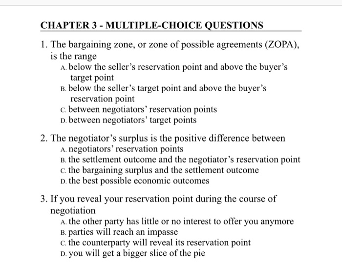(Solved) Chapter 3 Multiple Choice Questions 1 Bargaining Zone Zone