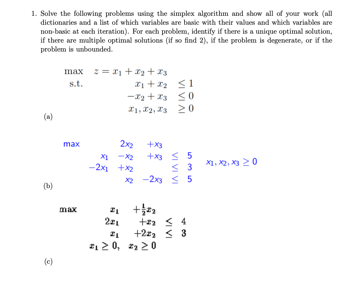 Solved 1. Solve the following problems using the simplex | Chegg.com