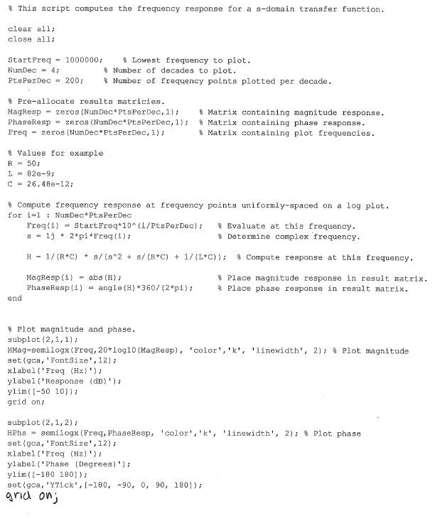% This script computes the frequency response for a | Chegg.com