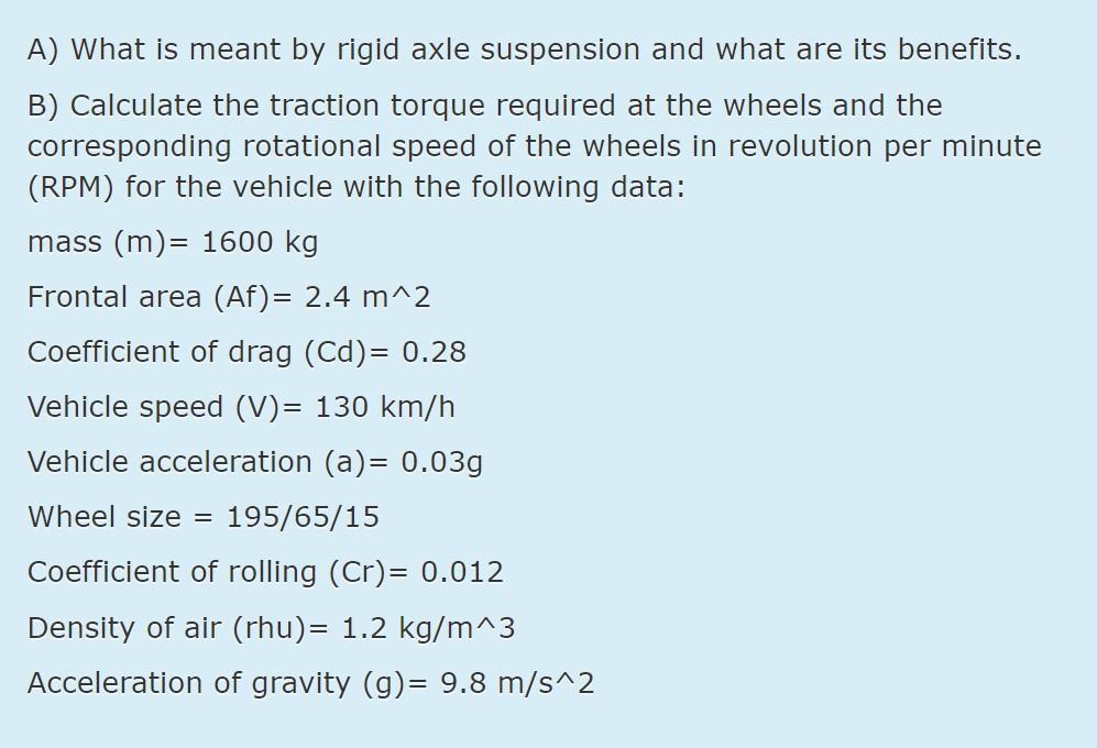 Solved A) What is meant by rigid axle suspension and what