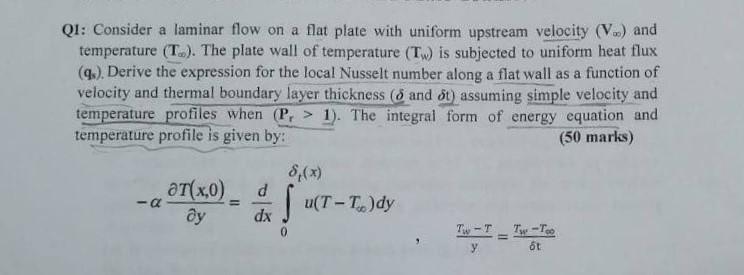 Solved Q1: Consider a laminar flow on a flat plate with | Chegg.com