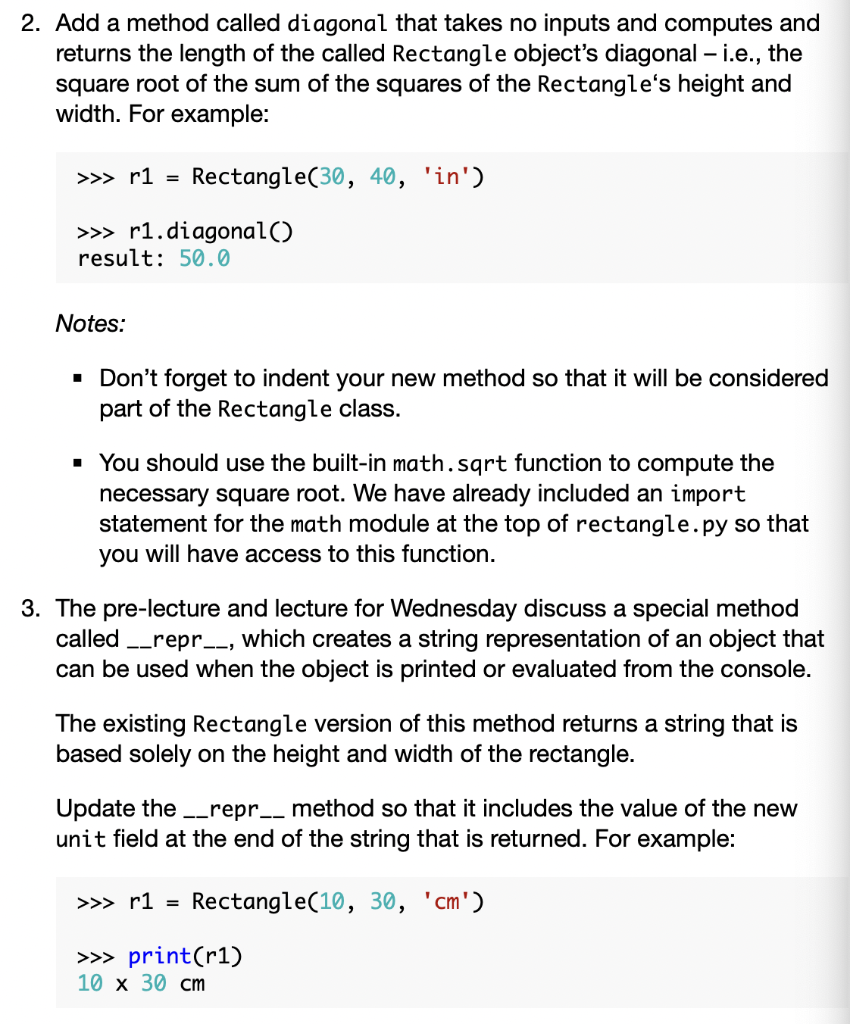 Solved 2. Add a method called diagonal that takes no inputs | Chegg.com