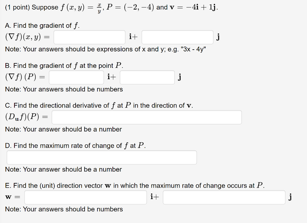 Solved 1 Point Suppose F X Y Yx P −2 −4 And V −4i 1j