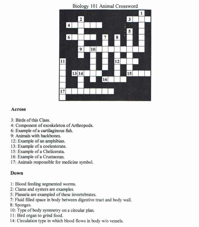 Solved Biology 101 Animal Crossword 1 2 3 5 6 8 9 10 11 12 Chegg com