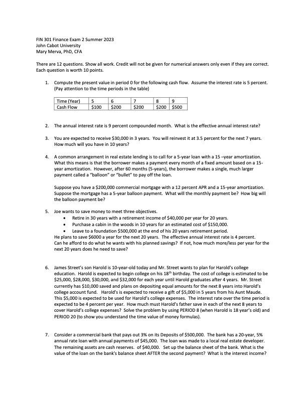 FIN 301 Finance Exam 2 Summer 2023 John Cabot