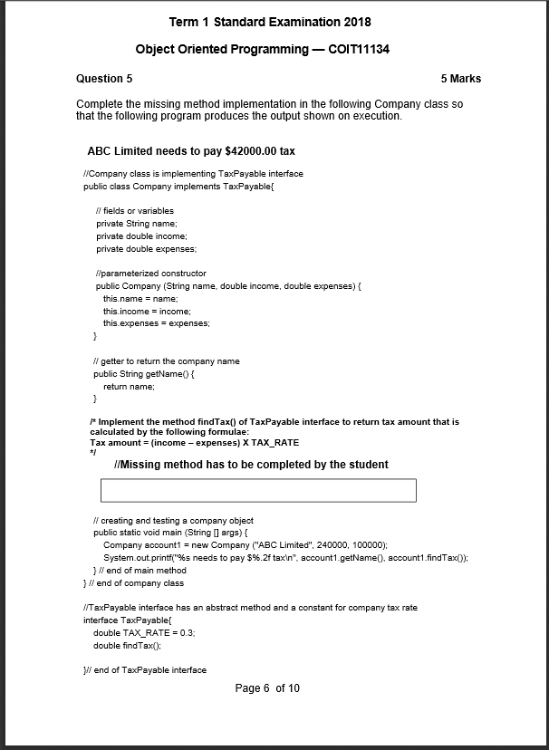 Solved Term 1 Standard Examination 2018 Object Oriented | Chegg.com
