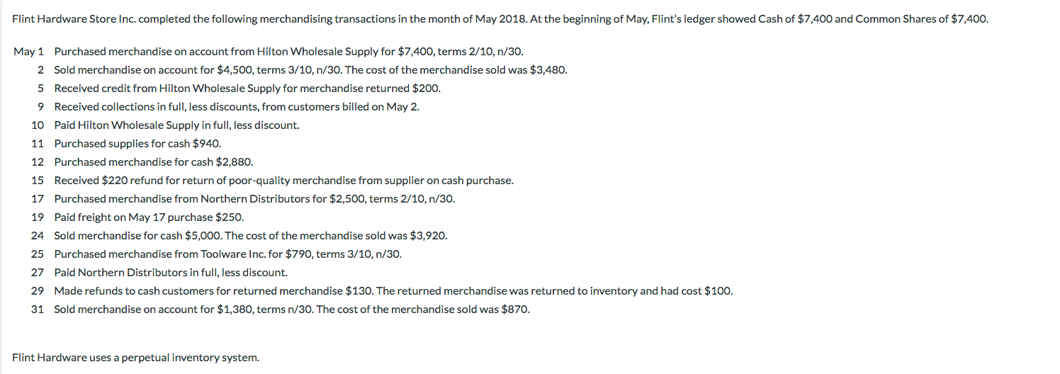 Solved Flint Hardware Store Inc. completed the following