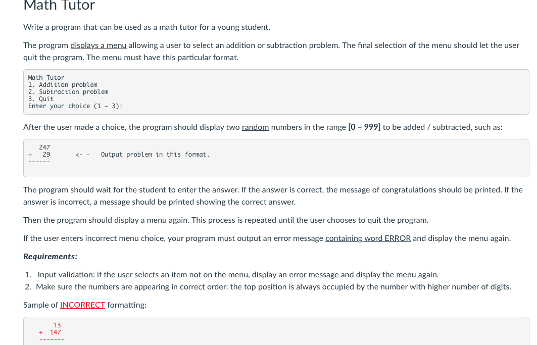 Solved Math Tutor Write a program that can be used as a math | Chegg.com