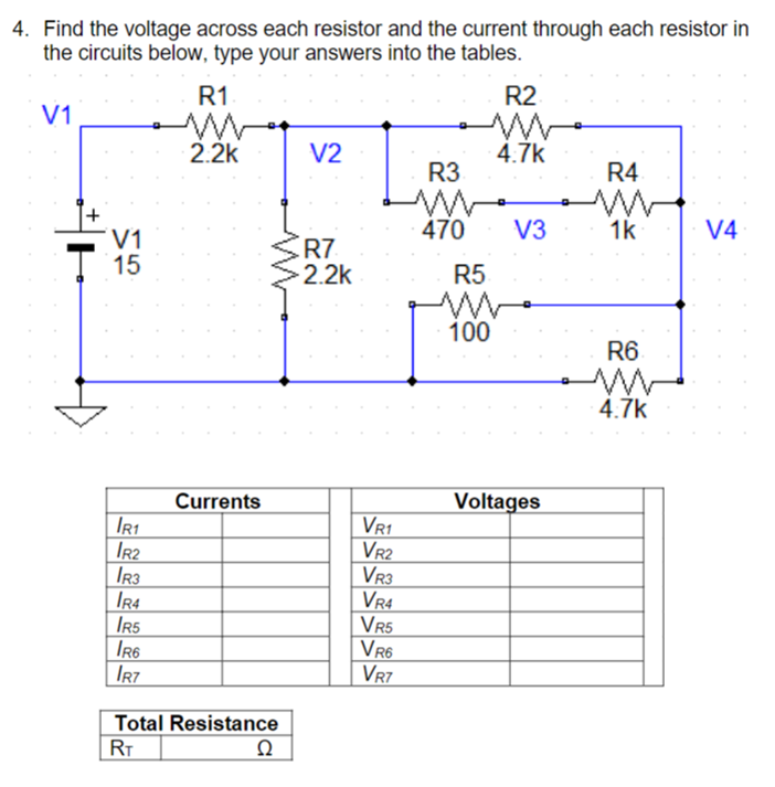 Solved 4. Find the voltage across each resistor and the | Chegg.com