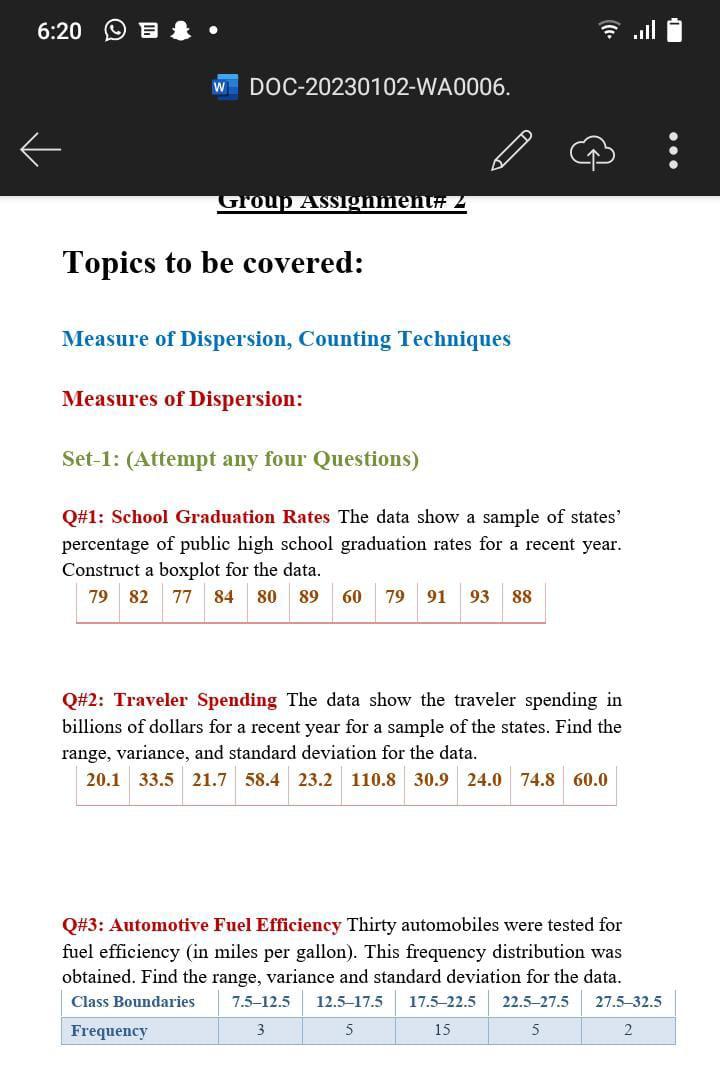 Topics to be covered:
Measure of Dispersion, Counting Techniques
Measures of Dispersion:
Set-1: (Attempt any four Questions)
