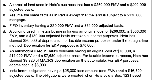 a. A parcel of land used in Hetas business that has a $250,000 FMV and a $200,000
adjusted basis.
b. Assume the same facts a