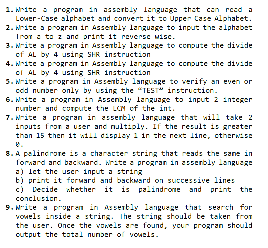 Solved 1. Write A Program In Assembly Program In Assembly | Chegg.com