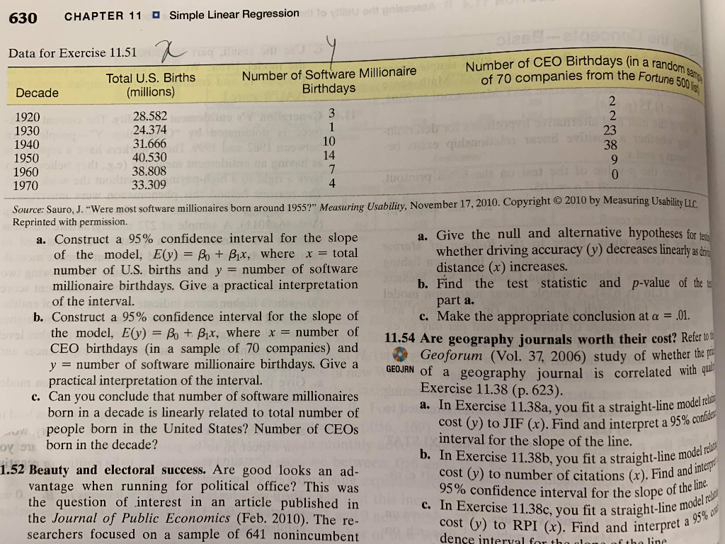 Solved Simple Linear Regression 630 CHAPTER 11 Data for | Chegg.com