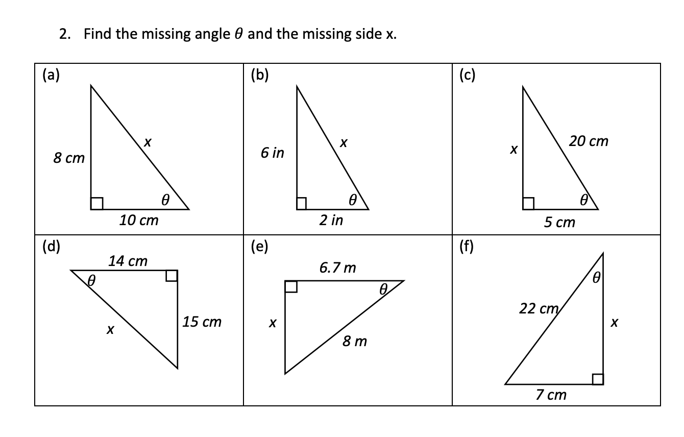 Solved 2. Find the missing angle 0 and the missing side x. Chegg