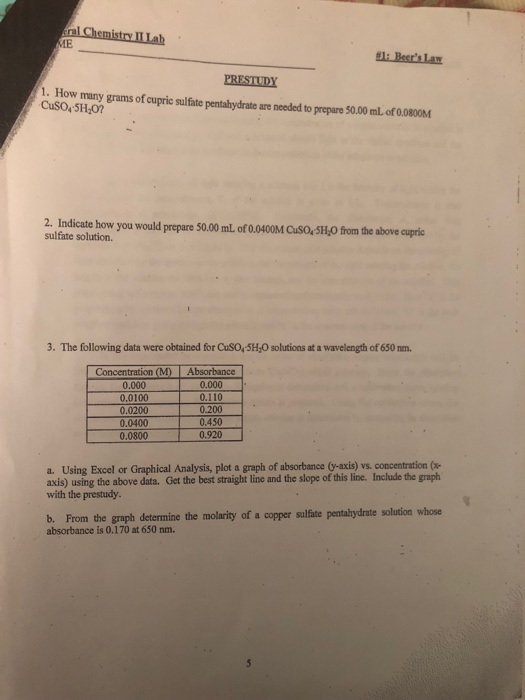 Solved al Chemistry ITLab Beer'sLaw 1. How CuSO4 5H0?