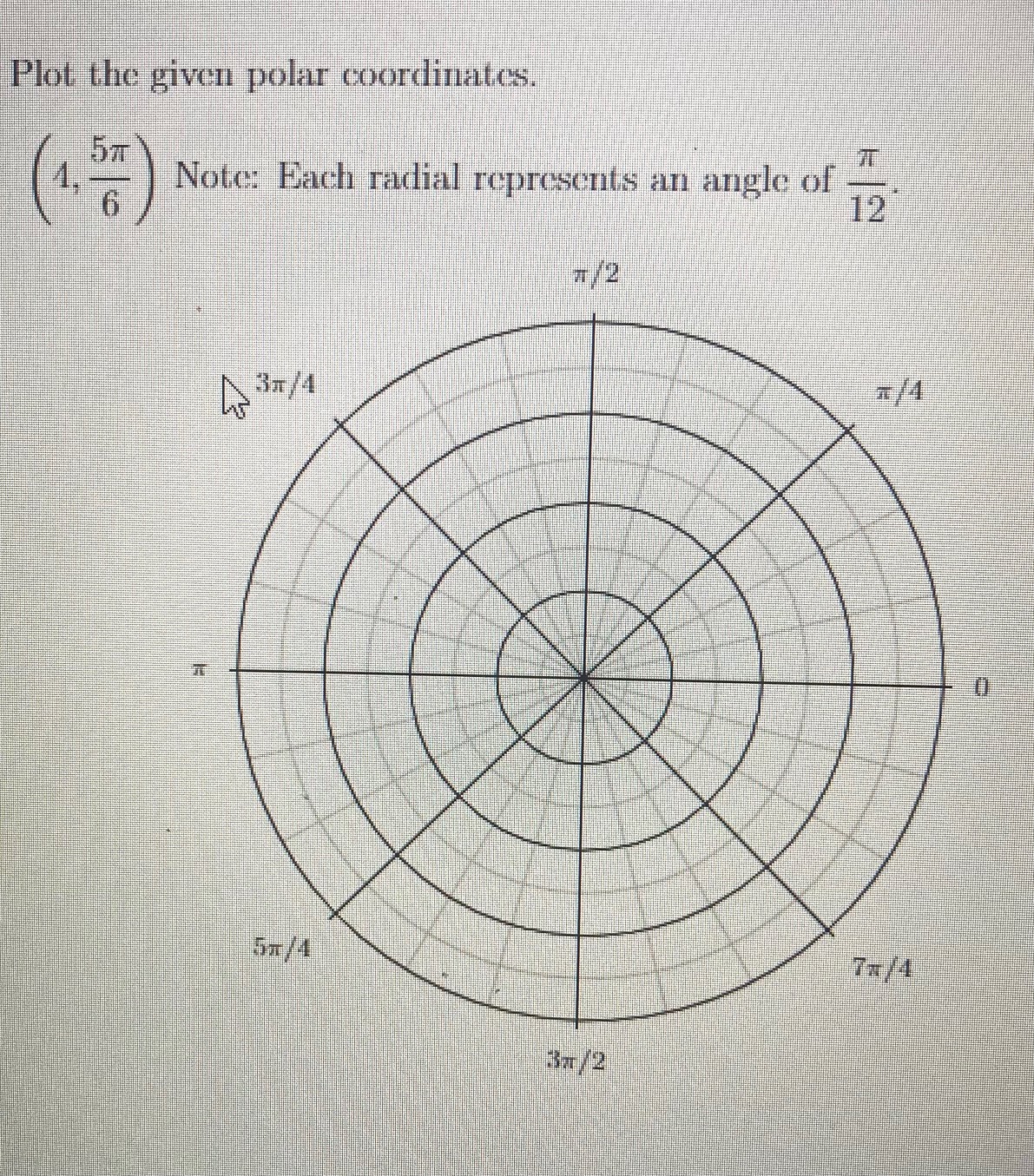 Solved Plot the given polar coordinates. (4,65π) Note: Each | Chegg.com