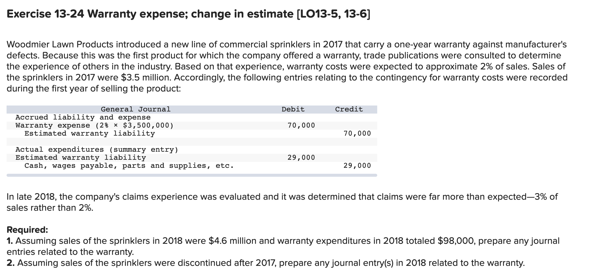 Solved Exercise 1324 Warranty expense; change in estimate
