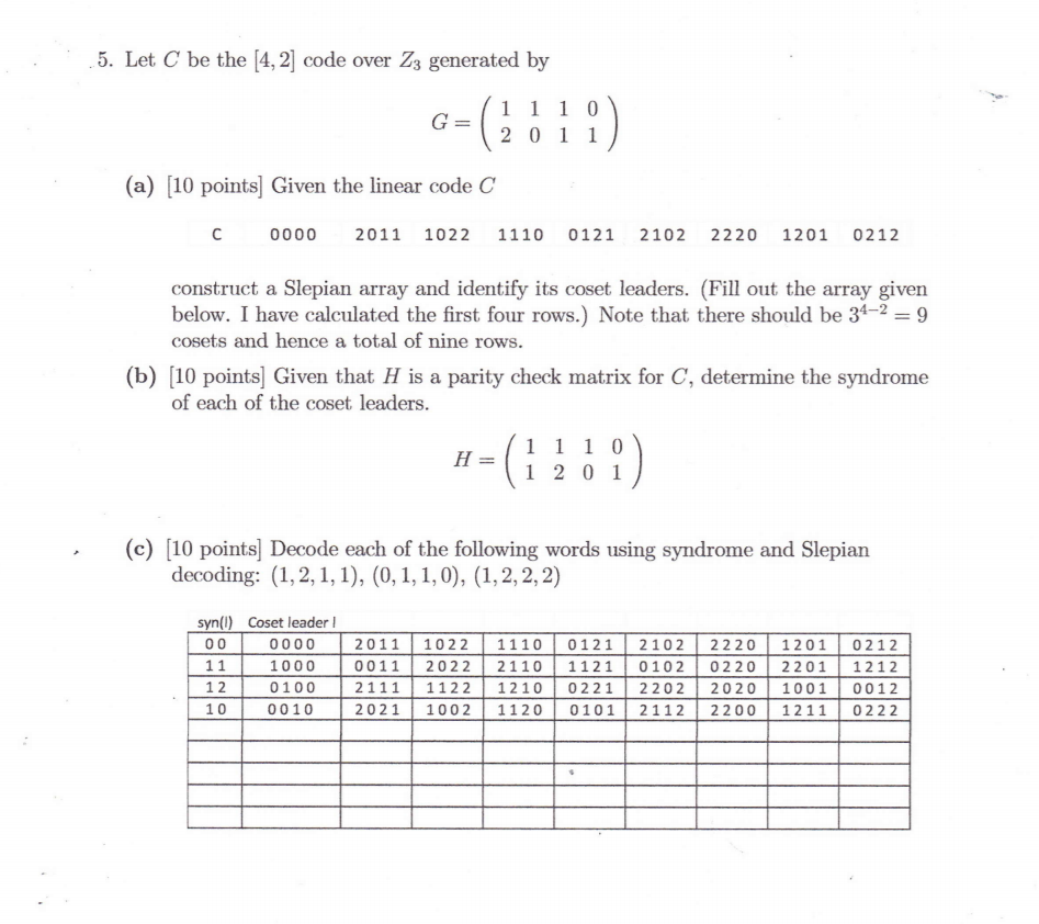 5. Let C be the [4, 2] code over Zz generated by (11 | Chegg.com