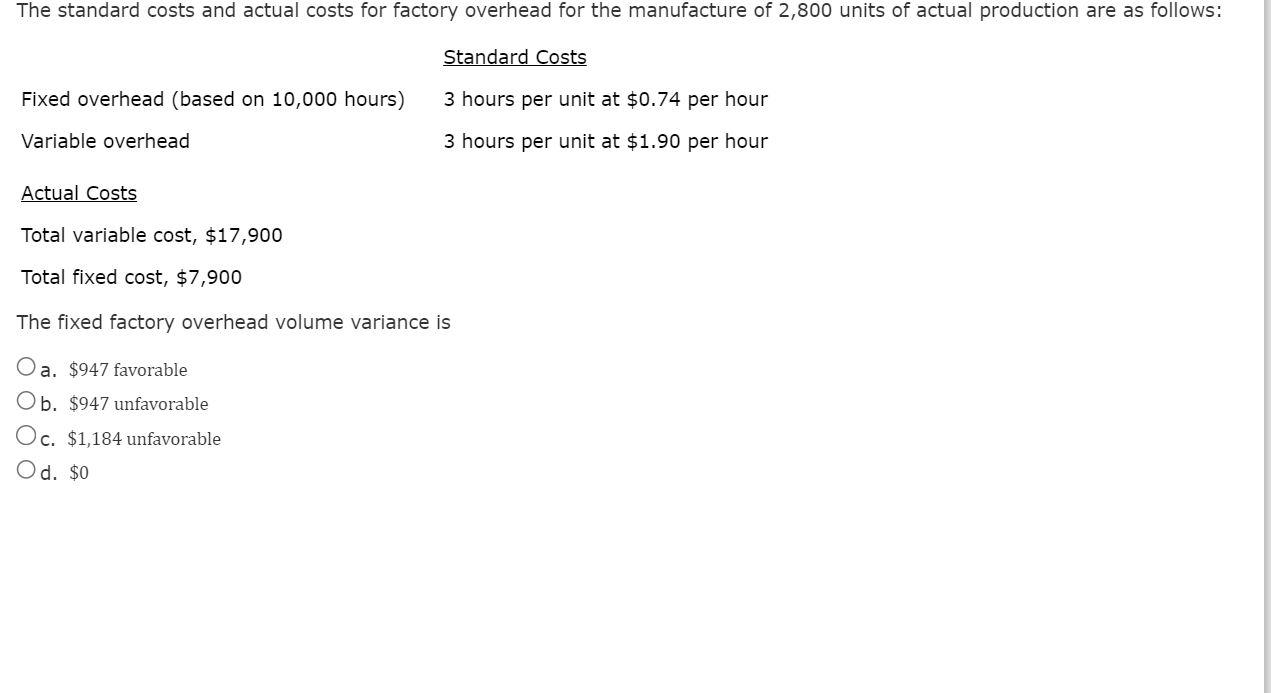 Solved The fixed factory overhead volume variance is a. $947 | Chegg.com