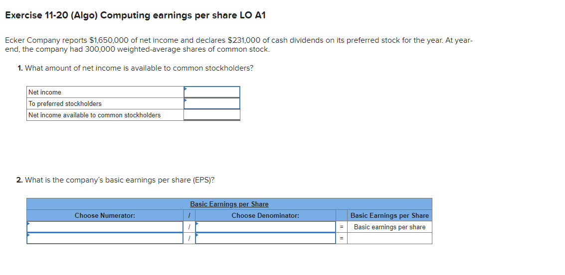 Solved Exercise 11-20 (Algo) ﻿Computing Earnings Per Share | Chegg.com