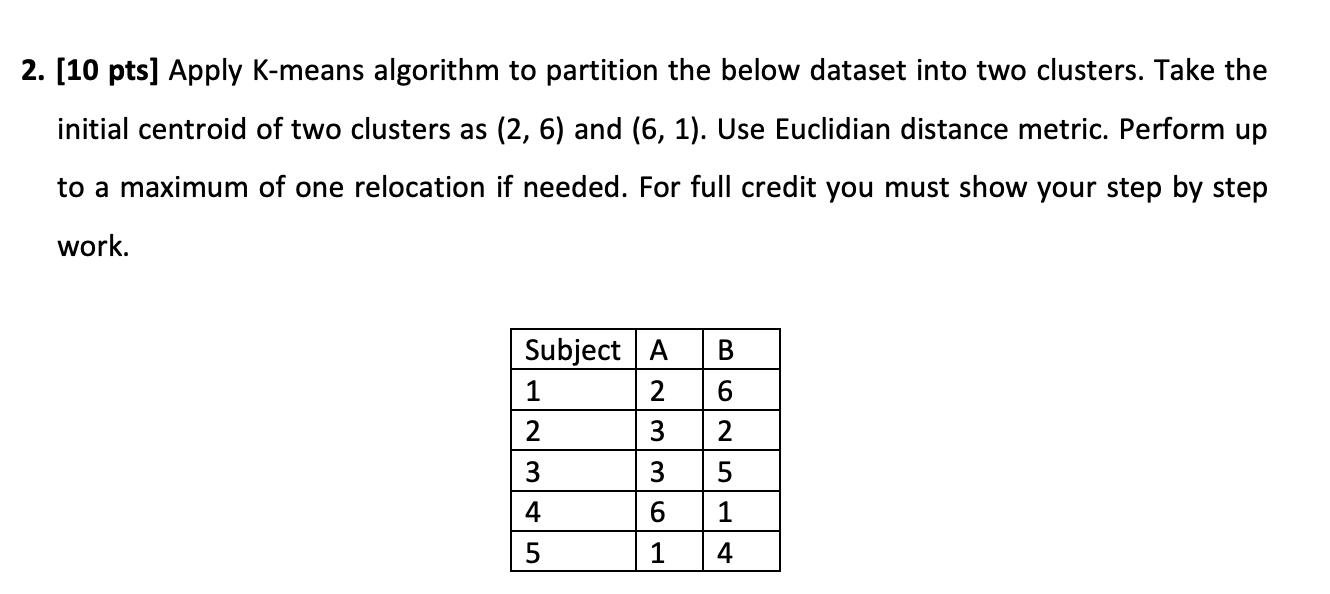 Solved 2. (10 pts) Apply K-means algorithm to partition the | Chegg.com
